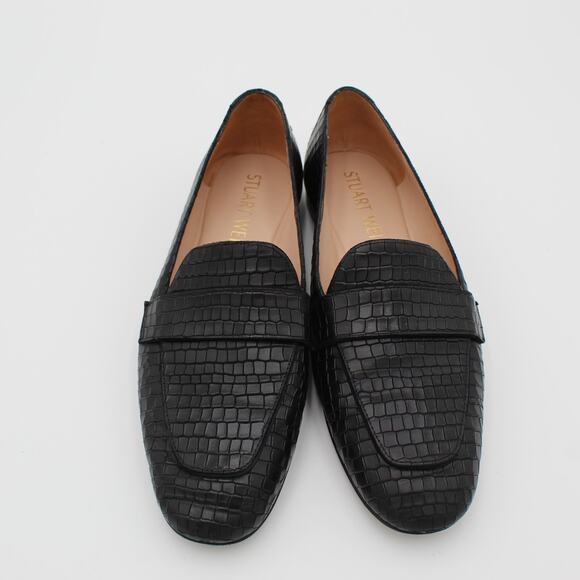 Stuart Weitzman Loafer Women 8.5 Black Croc Embossed Leather Slip On Flat Preppy - Picture 2 of 8